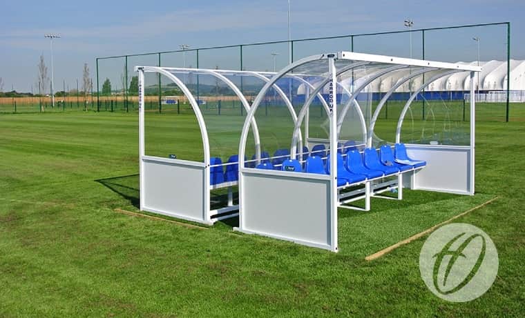 Premier Curved Team Shelter - 8 Person Blue Seats Fixed - 4m