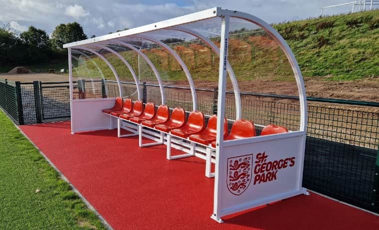 Premier Curved Team Shelter - 10 Person Red Seats Fixed - 5m