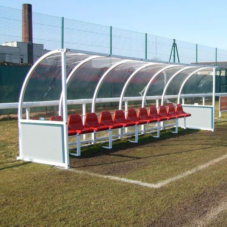 Premier Curved Team Shelter - 12 Person Red Seats Fixed - 6m